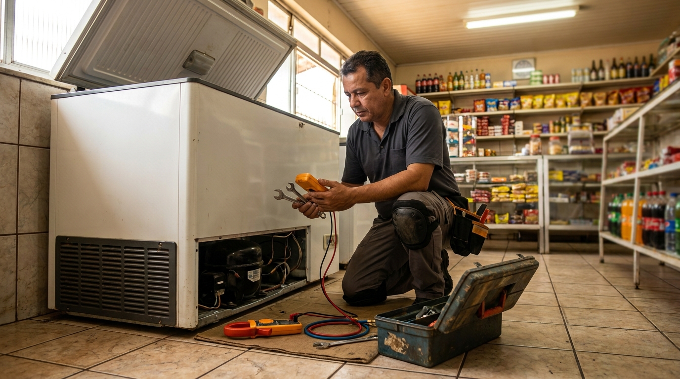 Técnico realizando manutenção de motor de freezer em Vitória da Conquista‑BA