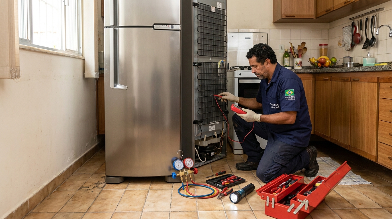 Técnico realizando manutenção de motor de geladeira em Vitória da Conquista‑BA