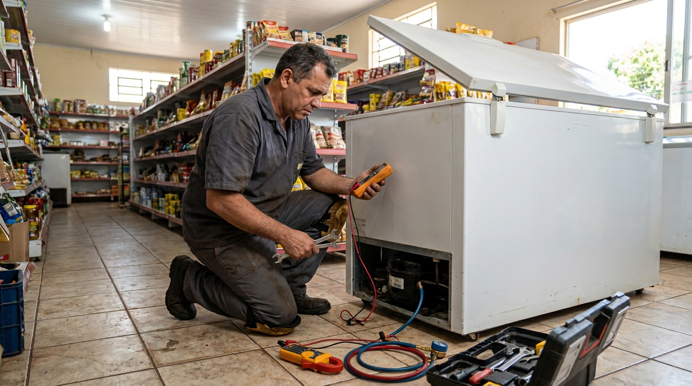 Troca de termostato de freezer em atendimento técnico em Vitória da Conquista‑BA